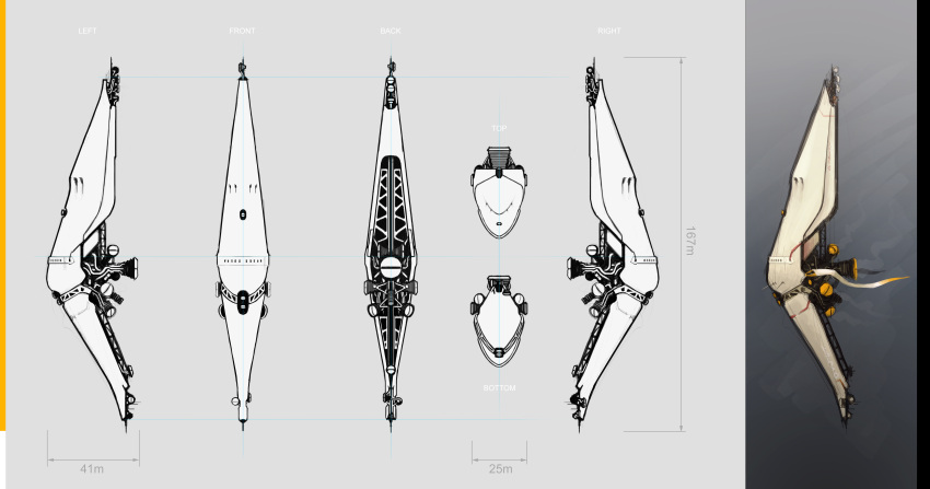 absurdres blueprint_(medium) commentary concept_art eve_online frigate_(eve_online) from_above from_behind from_below from_side grey_theme highres ivangraphics military military_vehicle multiple_views no_humans original reference_sheet science_fiction spacecraft thrusters vehicle_focus vernier_thrusters
