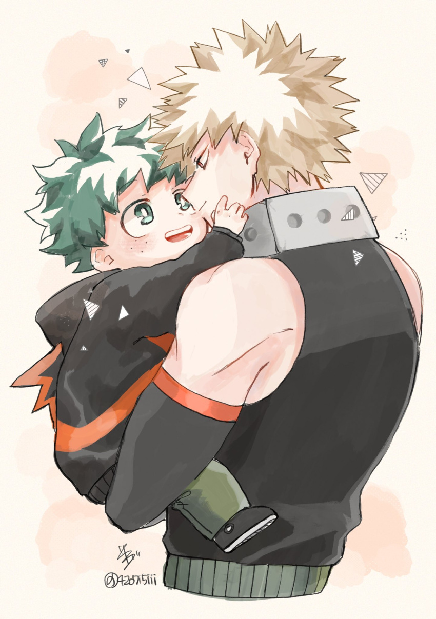 2boys 42o7i5iii aged_down bakugou_katsuki bare_shoulders black_hoodie blonde_hair boku_no_hero_academia carrying child closed_mouth cropped_torso freckles green_eyes green_hair hand_on_another's_face highres hood hood_down hoodie long_sleeves looking_at_another male_child male_focus midoriya_izuku multiple_boys open_mouth protected_link red_eyes short_hair simple_background smile spiky_hair twitter_username upper_body