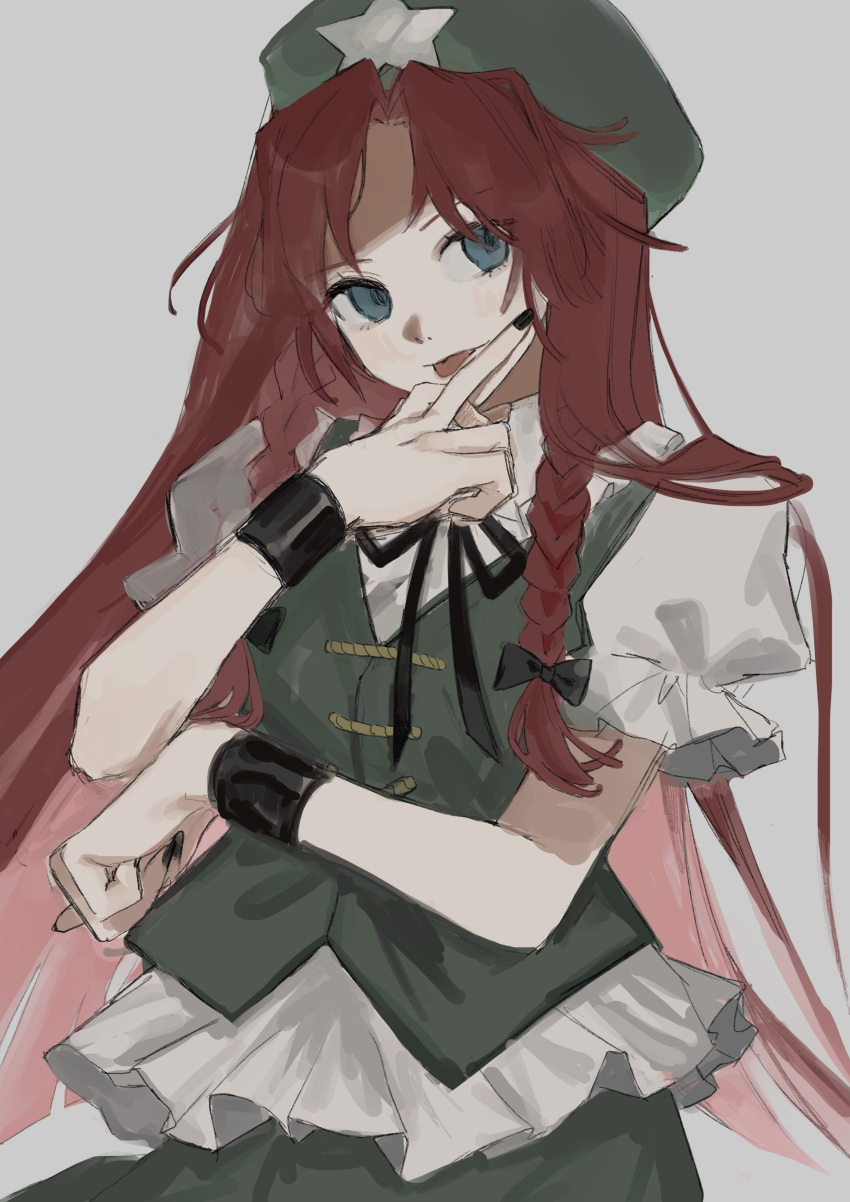1girl :p absurdres arm_under_breasts beret black_nails black_ribbon blue_eyes braid breasts gotagotay green_vest grey_background hand_up hat hat_ornament highres hong_meiling long_hair looking_to_the_side middle_finger nail_polish redhead ribbon simple_background small_breasts solo star_(symbol) star_hat_ornament tongue tongue_out touhou twin_braids vest wristband