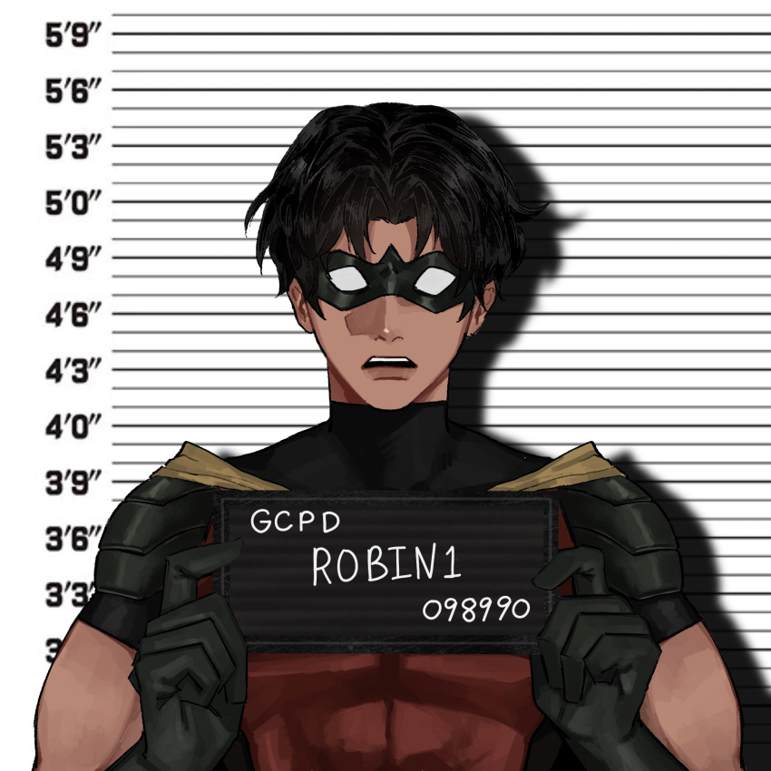 1boy barbie_mugshot_(meme) batman_(series) bodysuit calladraws1 dc_comics domino_mask english_commentary english_text height_chart highres holding holding_sign looking_at_viewer male_focus mask meme mugshot red_bodysuit robin_(dc) sign solo superhero teeth tim_drake upper_teeth_only western_comics_(style) worried