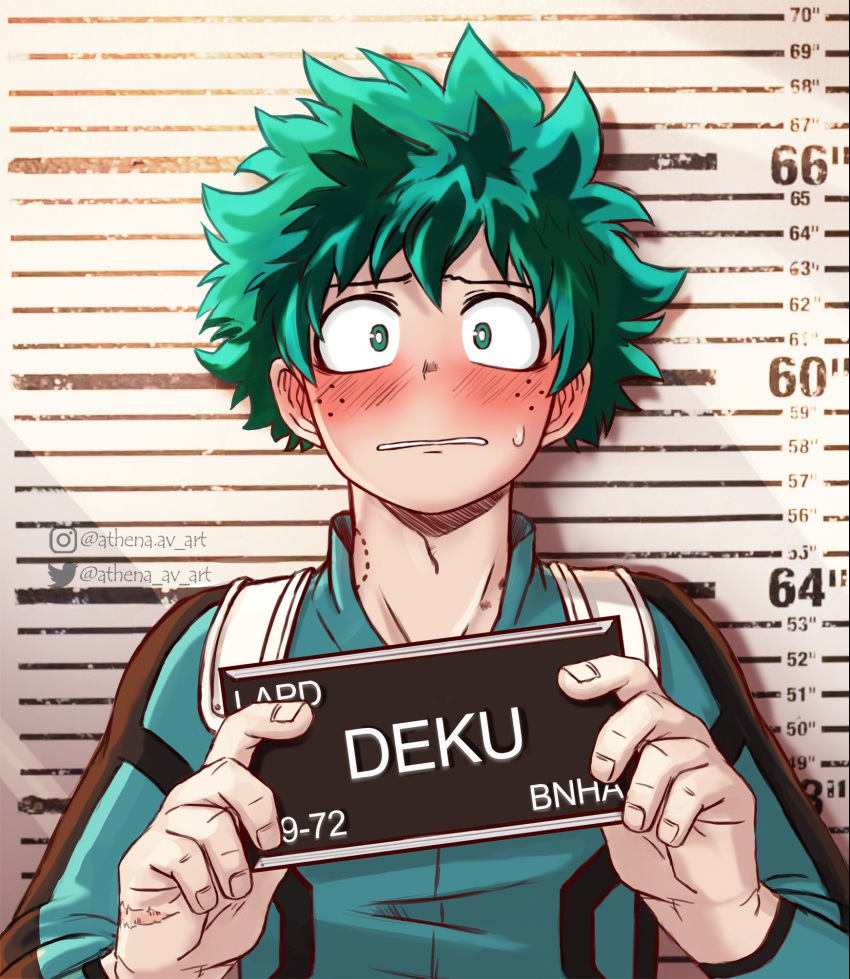 1boy athena_av barbie_mugshot_(meme) bite_mark blush bodysuit boku_no_hero_academia english_commentary english_text freckles gloves green_bodysuit green_eyes green_hair height_chart height_mark highres holding holding_sign male_focus meme midoriya_izuku mugshot nervous sign solo spiky_hair superhero sweat white_gloves