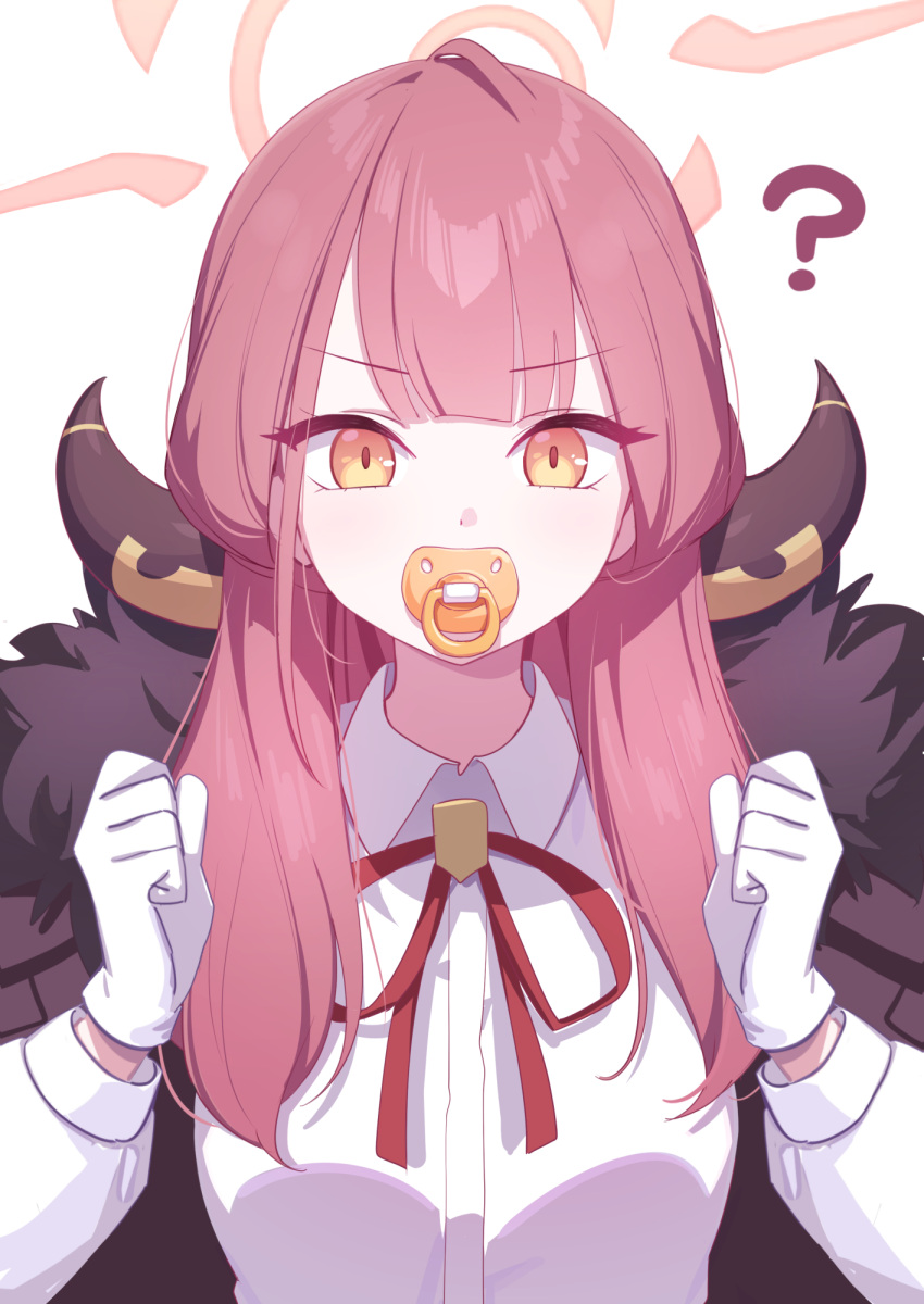 1girl ? aru_(blue_archive) blue_archive blunt_bangs breasts brown_coat coat coat_on_shoulders collared_shirt deadnooodles demon_horns fur-trimmed_jacket fur_trim gloves halo highres horns jacket long_hair long_sleeves medium_breasts neck_ribbon pacifier pink_hair red_ribbon ribbon shirt upper_body v-shaped_eyebrows white_background white_gloves white_shirt yellow_eyes
