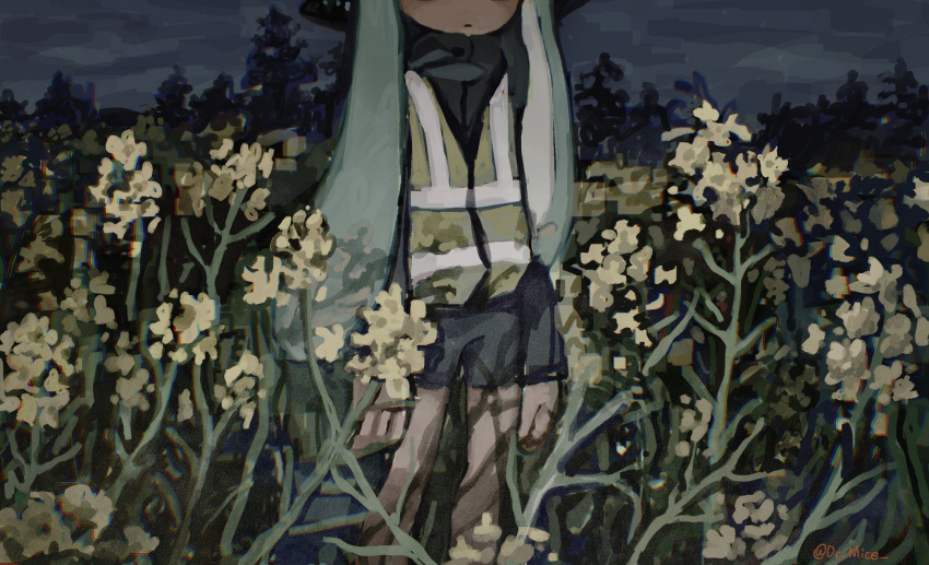 1girl agent_3_(splatoon) black_shorts closed_mouth dr_mice flower green_hair head_out_of_frame high-visibility_vest highres inkling inkling_girl long_hair long_sleeves night outdoors shorts sky splatoon_(series) standing tentacle_hair tree twintails twitter_username very_long_hair yellow_flower