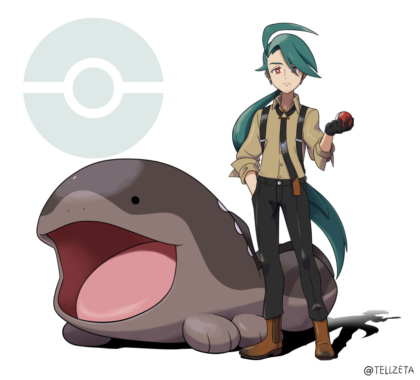 1girl absurdres ahoge black_gloves black_necktie black_pants boots bright_pupils brown_footwear clodsire closed_mouth collared_shirt commentary_request full_body gloves green_hair hand_in_pocket highres holding holding_poke_ball long_hair looking_at_viewer necktie pants poke_ball poke_ball_(basic) poke_ball_symbol pokemon pokemon_(creature) pokemon_(game) pokemon_sv ponytail red_eyes rika_(pokemon) shirt sleeves_rolled_up standing teru_zeta white_background white_pupils