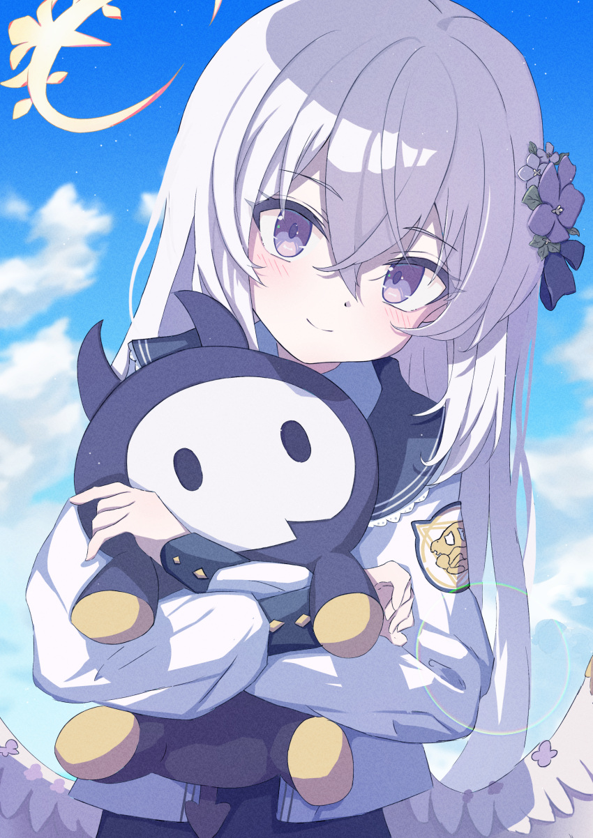 1girl absurdres azusa_(blue_archive) blue_archive blush character_doll clouds collared_shirt doll flower hair_flower hair_ornament halo highres holding holding_doll kucu light_smile long_hair looking_at_viewer purple_hair shirt skullman_(blue_archive) sky smile solo very_long_hair violet_eyes white_shirt wings