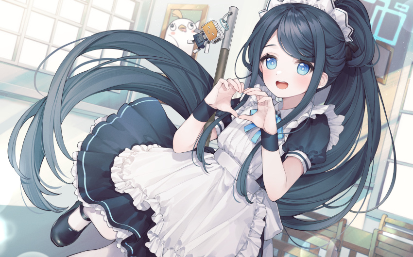 &lt;key&gt;_(blue_archive) &lt;key&gt;_(robot)_(blue_archive) 1girl apron aris_(blue_archive) aris_(maid)_(blue_archive) black_footwear blue_archive blue_eyes blue_hair blue_ribbon blush chair dress halo heart heart_hands highres k_four_nine long_hair looking_at_viewer maid maid_apron maid_headdress open_mouth pantyhose peroro_(blue_archive) ribbon shoes smile solo sunlight table very_long_hair white_dress white_pantyhose