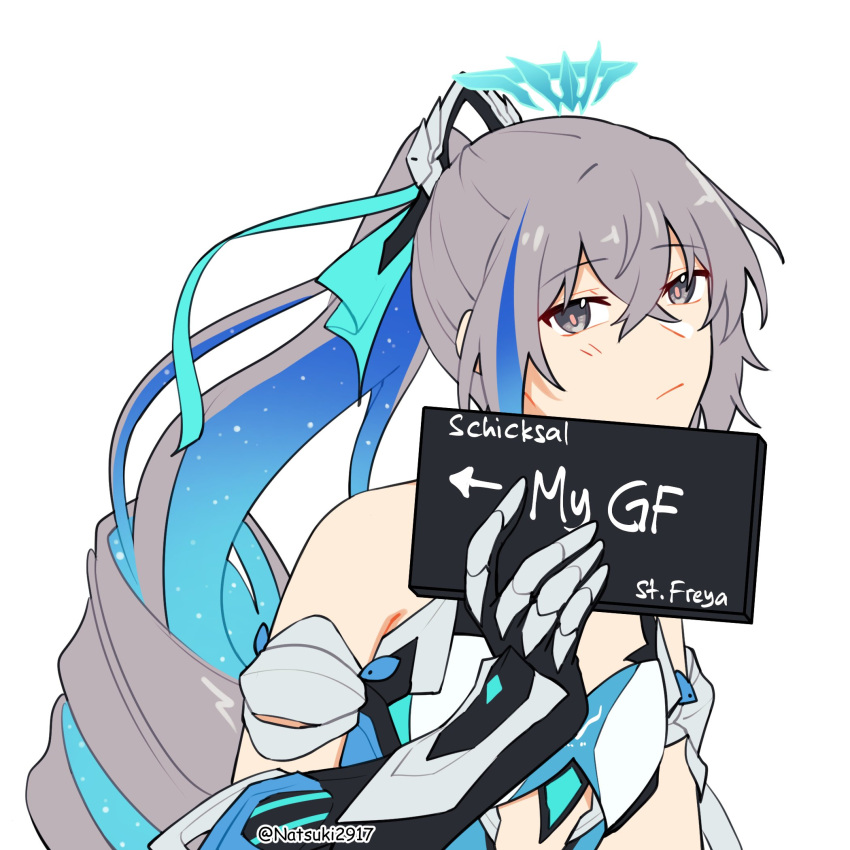 1girl armor barbie_(live_action) barbie_mugshot_(meme) bare_shoulders breasts bronya_zaychik bronya_zaychik_(herrscher_of_truth) closed_mouth commentary crossed_bangs drill_hair english_text grey_eyes grey_hair halo highres honkai_(series) honkai_impact_3rd light_blush long_hair looking_at_viewer meme mugshot multicolored_hair natsuki_(2917) ponytail simple_background small_breasts solo symbol-only_commentary twitter_username upper_body white_background yuri