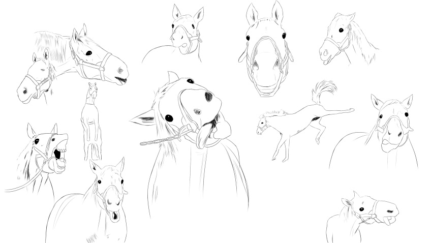 absurdres aventador bridle commentary_request gold_ship_(racehorse) greyscale highres hood horse kicking monochrome multiple_views no_humans portrait real_life rearing reins sketch tongue tongue_out