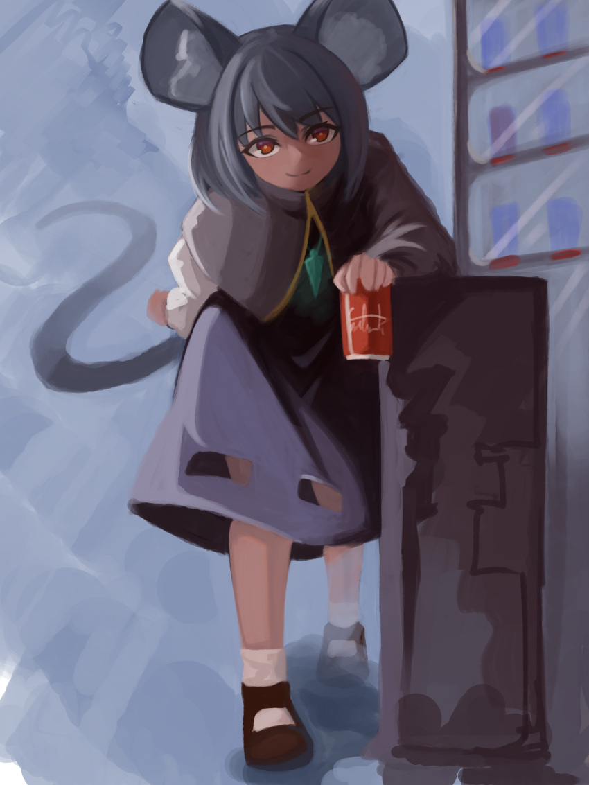 1girl absurdres animal_ears can capelet grey_capelet grey_hair grey_skirt grey_vest highres holding holding_can jewelry lenserd long_sleeves mouse_ears mouse_girl mouse_tail nazrin pendant red_eyes shirt shoes short_hair skirt smile socks solo tail touhou vending_machine vest white_shirt white_socks