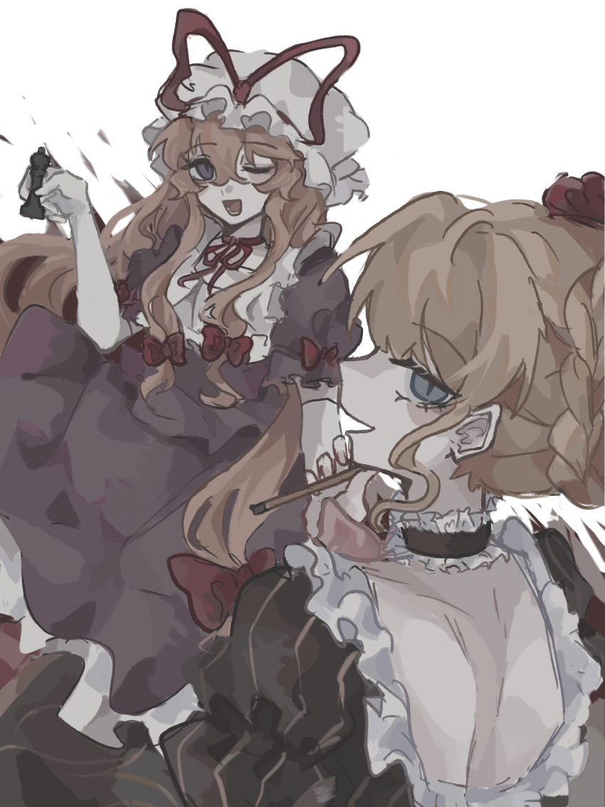 2girls backless_dress backless_outfit beatrice_(umineko) black_choker black_dress blonde_hair blue_eyes blush bow braid chess_piece chinese_commentary choker collar commentary_request dress elbow_gloves flower french_braid frilled_collar frilled_dress frills from_behind gloves hair_bow hair_bun hair_flower hair_ornament hat hat_ribbon highres holding holding_chess_piece holding_smoking_pipe long_hair looking_at_viewer looking_back lower_teeth_only mob_cap multiple_girls neck_ribbon one_eye_closed puffy_short_sleeves puffy_sleeves purple_dress red_bow red_ribbon ribbon shindiyue short_sleeves sidelocks smile smoking_pipe striped striped_dress teeth touhou umineko_no_naku_koro_ni vertical-striped_dress vertical_stripes very_long_hair violet_eyes white_gloves white_headwear yakumo_yukari