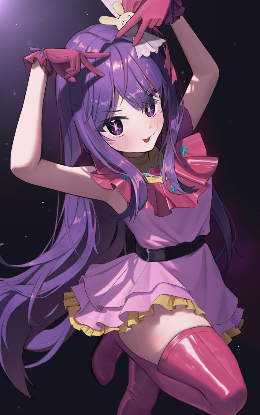 1girl absurdres armpits arms_up belt black_background black_belt blush boots breasts closed_mouth commentary double_v dress frills gloves gradient_background hair_between_eyes hair_ornament hair_ribbon heart highres hoshino_ai_(oshi_no_ko) idol leg_up long_hair looking_at_viewer medium_breasts oshi_no_ko pink_dress pink_footwear pink_gloves pink_ribbon purple_background purple_hair purple_ribbon rabbit_hair_ornament ribbon rimya_opo sidelocks sleeveless sleeveless_dress smile solo standing standing_on_one_leg star-shaped_pupils star_(symbol) symbol-shaped_pupils tongue tongue_out turtleneck turtleneck_dress v violet_eyes