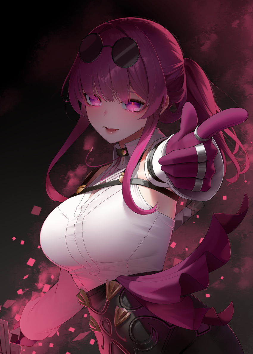 1girl blunt_ends bright_pupils chest_harness cleavage_cutout clothing_cutout dark_background detached_sleeves eyewear_on_head finger_gun gloves glowing glowing_eyes hair_over_eyes harness high-waist_shorts highres honkai:_star_rail honkai_(series) jewelry kafka_(honkai:_star_rail) lips long_sleeves looking_at_viewer medium_hair multiple_rings open_mouth pink_gloves ponytail purple_gloves purple_hair ravenpulse ring round_eyewear shirt shorts simple_background sleeveless sleeveless_shirt solo sunglasses violet_eyes white_shirt