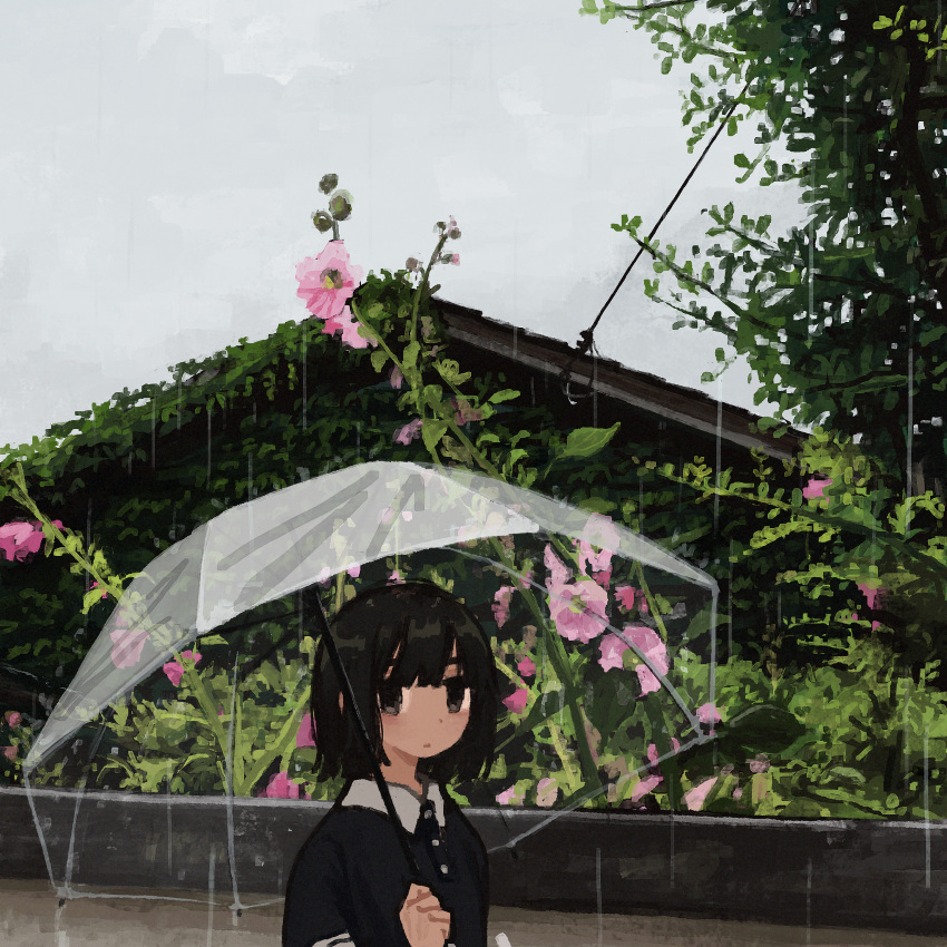 1girl absurdres black_eyes black_hair black_shirt blunt_bangs clouds cloudy_sky expressionless highres holding holding_umbrella looking_at_viewer original outdoors rain shirt short_hair sky solo transparent transparent_umbrella umbrella uniunimikan