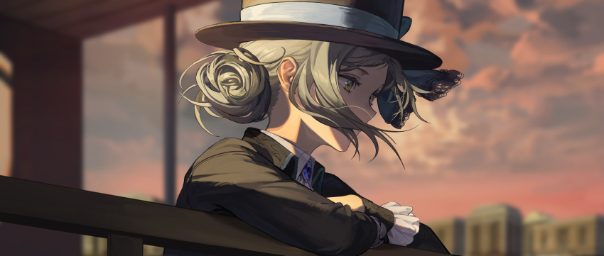 1girl absurdres black_coat black_hair blonde_hair blue_bow blurry blurry_background boater_hat bow building clouds cloudy_sky coat collared_shirt dusk floating_hair from_side hair_bun hand_on_railing hat hat_bow highres long_sleeves looking_ahead official_art outdoors railing reverse:1999 shirt sidelighting sky solo swept_bangs upper_body vertin_(reverse:1999) white_shirt yellow_eyes yetecong