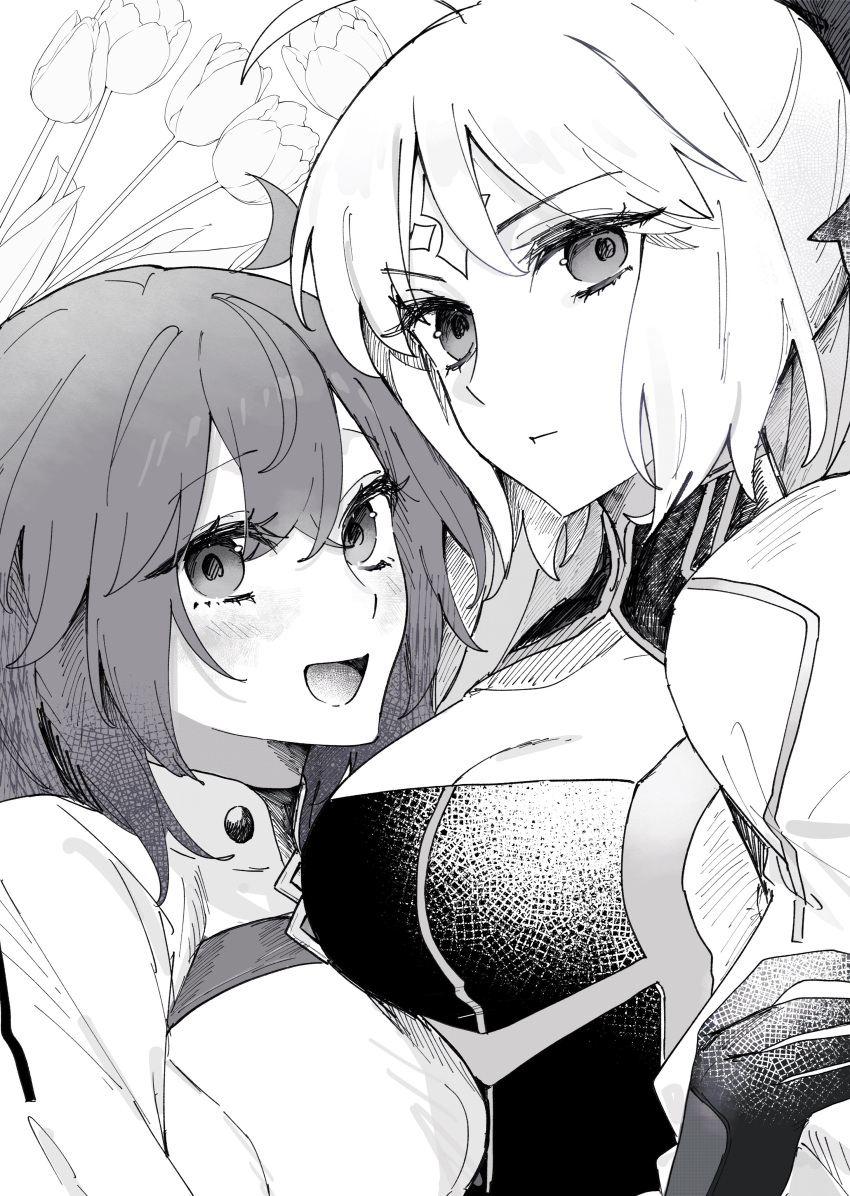 2girls absurdres ahoge artoria_caster_(fate) artoria_caster_(third_ascension)_(fate) artoria_pendragon_(fate) black_gloves blush breasts buttons closed_mouth collar dress fate/grand_order fate_(series) flower fujimaru_ritsuka_(female) fujimaru_ritsuka_(female)_(decisive_battle_chaldea_uniform) gloves greyscale hair_between_eyes highres jacket long_dress long_hair looking_at_viewer medium_breasts monochrome multiple_girls open_mouth rhombus short_hair simple_background small_breasts smile uvula uxco0 yuri