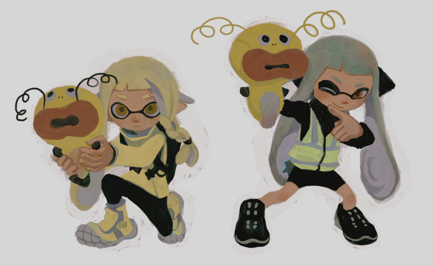 2girls agent_3_(splatoon) agent_3_(splatoon_3) black_footwear black_shorts braid closed_mouth dr_mice eyebrow_cut grey_background high-visibility_vest highres holding inkling inkling_girl jacket long_hair long_sleeves multiple_girls one_eye_closed orange_eyes pointy_ears shoes shorts side_braid simple_background smile sneakers splatoon_(series) splatoon_3 standing tentacle_hair twintails yellow_eyes yellow_footwear yellow_jacket zapfish