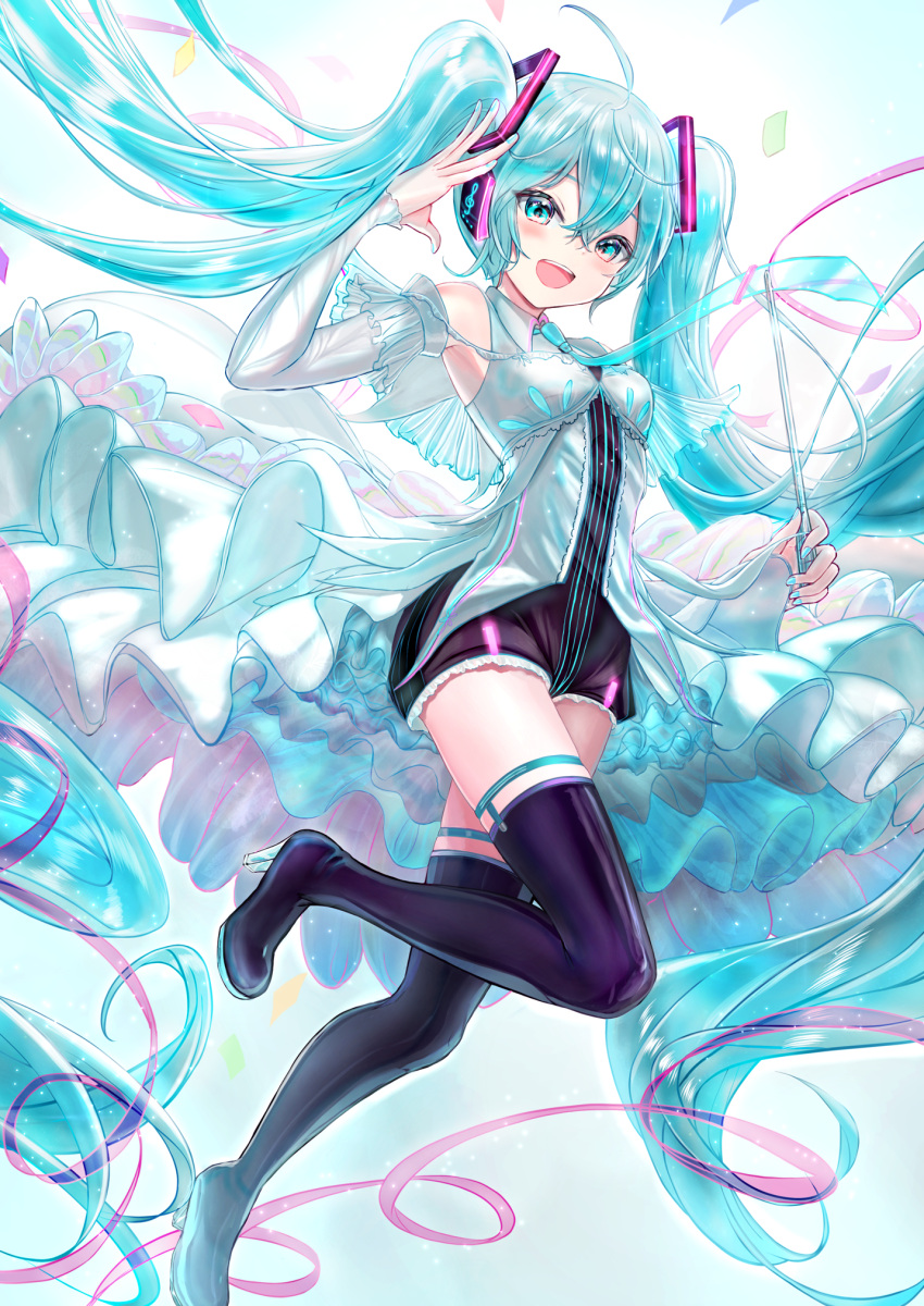 1girl :d ahoge armpits black_footwear black_necktie black_shorts blue_eyes blue_hair blue_nails boots collared_shirt commentary detached_sleeves dress_shirt floating_hair hair_between_eyes hatsune_miku high_heel_boots high_heels highres holding hou_no_ka leg_up long_hair long_sleeves looking_at_viewer necktie open_mouth shirt short_shorts shorts sleeveless sleeveless_shirt smile solo thigh_boots twintails very_long_hair vocaloid white_shirt white_sleeves wing_collar