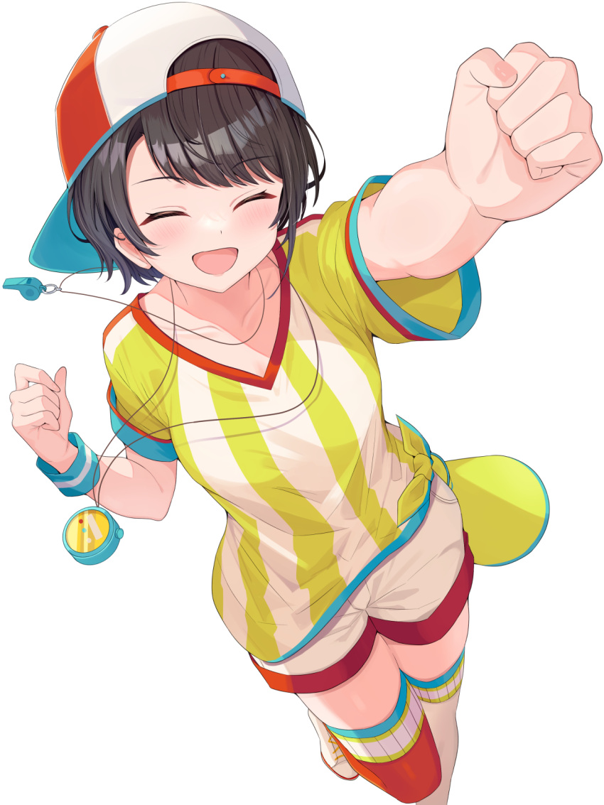 1girl :d adju_ster arm_up asymmetrical_bangs asymmetrical_legwear baseball_cap black_hair blush clenched_hand closed_eyes collarbone commentary_request dot_nose facing_viewer hat highres hololive leg_up mismatched_legwear oozora_subaru open_mouth outstretched_arm red_thighhighs shirt short_hair shorts sidelocks simple_background smile solo standing stopwatch stopwatch_around_neck striped striped_shirt sweatband thigh-highs two-tone_shirt vertical-striped_shirt vertical_stripes virtual_youtuber whistle whistle_around_neck white_background white_thighhighs