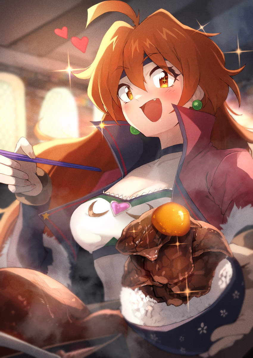 1girl absurdres bandeau black_choker black_headband choker chopsticks commission cooking earrings fang food food_focus headband heart highres jewelry lina_inverse midriff ohako_(ohako1818) orange_hair red_eyes skeb_commission slayers