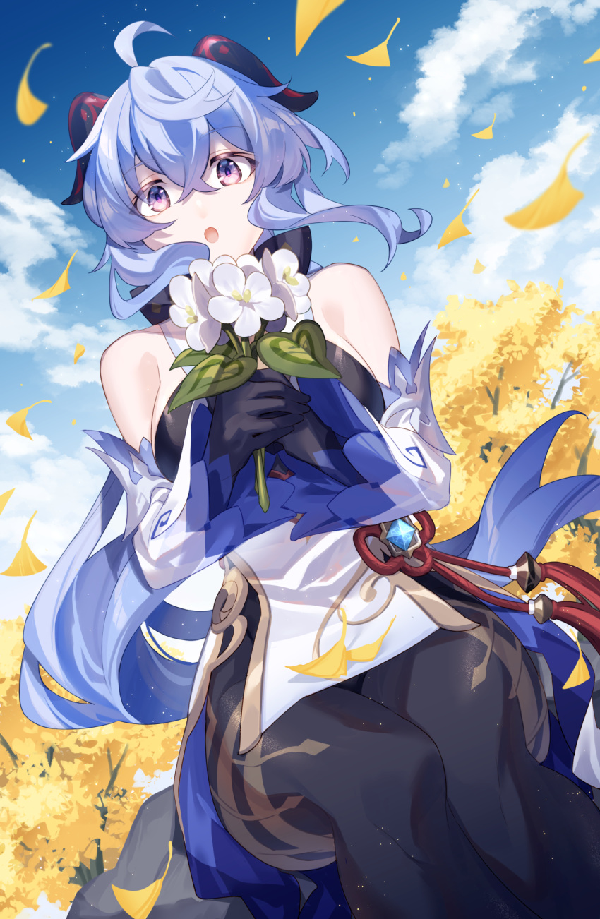 1girl :o ahoge black_bodysuit black_gloves blue_hair blue_sky blush bodystocking_under_clothes bodysuit bouquet breasts clouds commentary_request cowboy_shot detached_sleeves dot_nose flower flower_knot ganyu_(genshin_impact) genshin_impact ginkgo gloves goat_horns gold_trim hands_up highres hizuki_miya holding holding_flower horns leaning_back light_blue_hair long_hair medium_breasts outdoors ponytail sidelocks sky solo tree violet_eyes vision_(genshin_impact) white_flower white_sleeves