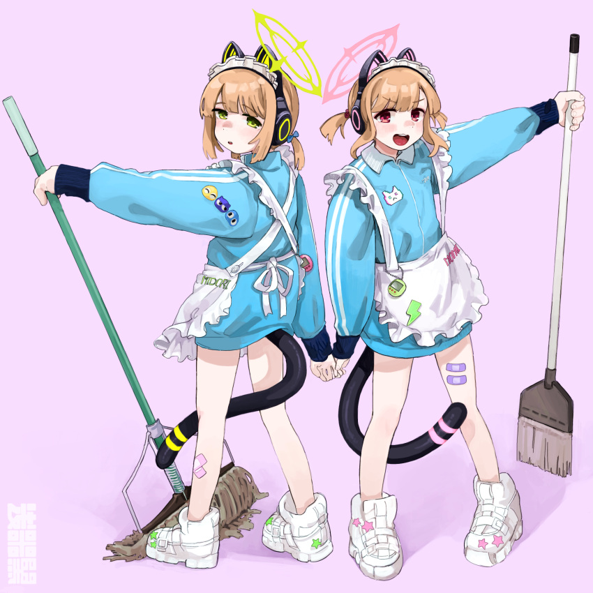 2girls animal_ear_headphones animal_ears apron aqua_jacket bandaid bandaid_on_leg blue_archive blush broom cat_ear_headphones character_name clothes_writing commentary fake_animal_ears full_body green_eyes headphones highres holding holding_broom holding_mop jacket jersey_maid kuro4221 long_sleeves looking_at_viewer maid_headdress midori_(blue_archive) midori_(maid)_(blue_archive) momoi_(blue_archive) momoi_(maid)_(blue_archive) mop multiple_girls open_mouth orange_hair parted_lips pink_background red_eyes shoes siblings simple_background sisters sneakers standing tail track_jacket twins white_apron white_footwear