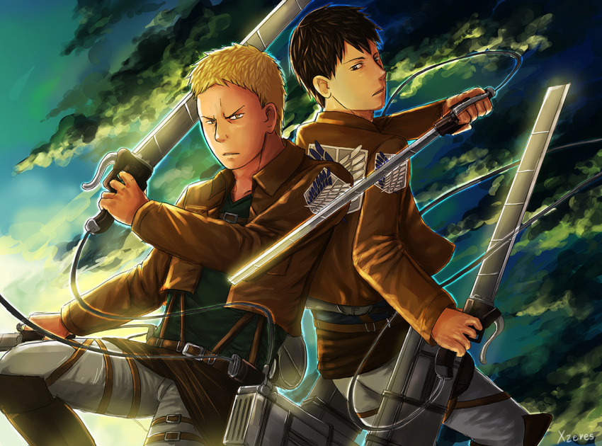 2boys back-to-back bertolt_hoover black_hair blonde_hair clouds cloudy_sky feet_out_of_frame fighting_stance frown gradient_sky holding holding_sword holding_weapon jacket leather leather_jacket looking_at_viewer male_focus multiple_boys pants paradis_military_uniform reiner_braun shingeki_no_kyojin short_hair sky smoke_signal sunlight survey_corps_(emblem) sword three-dimensional_maneuver_gear weapon white_pants xzeres_(xzodust)