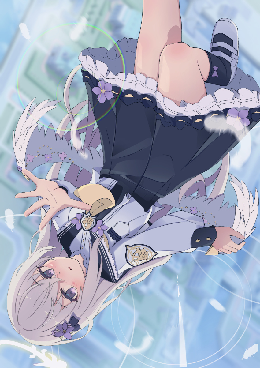 1girl absurdres azusa_(blue_archive) black_dress black_socks blue_archive blush collared_shirt dress feathers flower hair_flower hair_ornament halo highres kucu long_hair looking_at_viewer open_mouth purple_hair shirt socks solo very_long_hair violet_eyes white_footwear white_shirt wings
