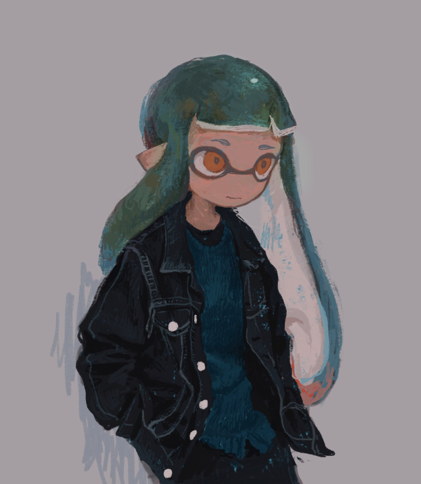 1girl agent_3_(splatoon) black_jacket blue_hair closed_mouth denim denim_jacket dr_mice gradient_hair green_hair grey_background hand_in_pocket highres inkling inkling_girl jacket long_hair long_sleeves multicolored_hair open_clothes open_jacket orange_eyes pointy_ears simple_background solo splatoon_(series) tentacle_hair twintails