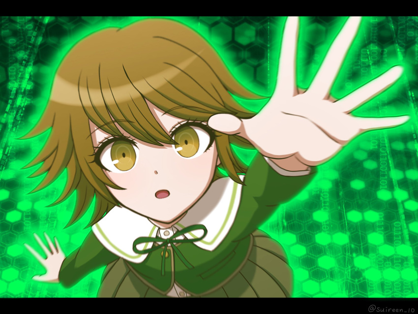 1boy :o arm_up artist_name brown_eyes brown_hair brown_skirt danganronpa:_trigger_happy_havoc danganronpa_(series) dress_shirt fujisaki_chihiro green_background green_jacket green_ribbon green_theme highres jacket letterboxed looking_at_viewer medium_hair neck_ribbon otoko_no_ko pleated_skirt reaching reaching_towards_viewer ribbon shirt skirt solo suiren_yurei white_shirt