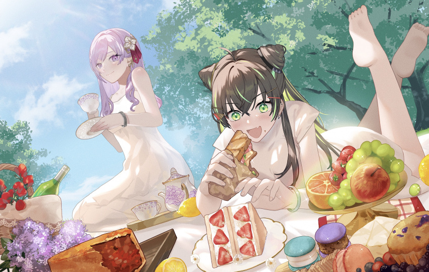 2girls absurdres ahoge apple bare_shoulders barefoot black_hair blueberry blush bottle cake closed_mouth cone_hair_bun cup dress earrings fang feet_up food fruit grapes green_eyes green_hair hachidori_(towa_tsugai) hair_between_eyes hair_bun hair_ornament hairclip highres holding holding_cup holding_food holding_saucer jewelry lemon long_hair lying macaron meltykiss0316 multicolored_hair multiple_girls on_stomach open_mouth orange_(fruit) outdoors pie purple_hair sandwich saucer short_sleeves sitting skin_fang sleeveless sleeveless_dress strawberry_cake streaked_hair teacup teapot the_pose towa_tsugai tree tsuru_(towa_tsugai) violet_eyes white_dress wine_bottle wristband