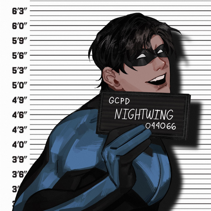 1boy barbie_mugshot_(meme) batman_(series) blue_bodysuit bodysuit calladraws1 covered_abs dc_comics dick_grayson domino_mask english_commentary english_text height_chart highres holding holding_sign looking_at_viewer male_focus mask meme mugshot muscular muscular_male nightwing sign solo superhero teeth two-tone_bodysuit upper_teeth_only western_comics_(style)