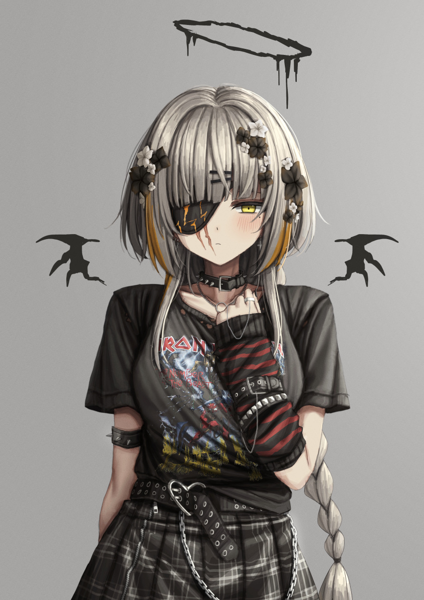 1girl absurdres alternate_costume armlet belt black_belt black_collar black_shirt braid chain collar detached_wings eyepatch flower girls_frontline gothic_lolita grey_hair grey_skirt hair_flower hair_ornament halo hand_up highres iron_maiden_(band) lobsteranian lolita_fashion long_hair looking_at_viewer m16a1_(boss)_(girls'_frontline) m16a1_(girls'_frontline) plaid plaid_skirt scar scar_on_face shirt short_sleeves skirt solo spiked_armlet spiked_collar spikes studded_bracelet wings yellow_eyes