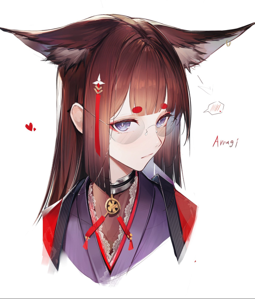1girl amagi_(azur_lane) animal_ear_fluff animal_ears azur_lane bespectacled blue_eyes brown_hair character_name closed_mouth cropped_shoulders ear_piercing fox_ears fox_girl glasses hair_ornament heart highres hikimayu japanese_clothes long_hair looking_at_viewer makeup piercing portrait simple_background solo spoken_blush toki_(rumukio) upper_body white_background