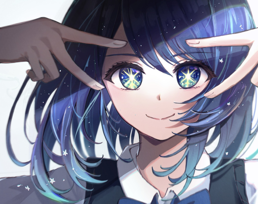 1girl akatsuki_(no52025) aqua_eyes black_sweater_vest blue_bow blue_bowtie blue_eyes blue_hair bow bowtie chromatic_aberration close-up closed_mouth collared_shirt commentary_request double_v gradient_hair hair_between_eyes highres hoshino_ai's_pose kurokawa_akane light_blue_hair light_particles looking_at_viewer medium_hair multicolored_eyes multicolored_hair oshi_no_ko partial_commentary portrait pose_imitation revision shade shirt simple_background smile solo star-shaped_pupils star_(symbol) sweater_vest symbol-shaped_pupils v v_over_eye white_background white_shirt