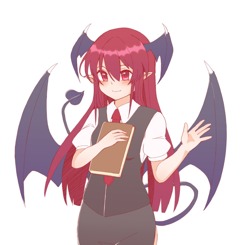 1girl absurdres bat_wings black_skirt black_vest book closed_mouth collared_shirt commentary demon_tail head_wings highres holding holding_book koakuma long_hair multiple_wings necktie pointy_ears red_eyes red_necktie redhead shirt simple_background skirt smile solo tail tomori_yukari touhou vest white_background white_shirt wings