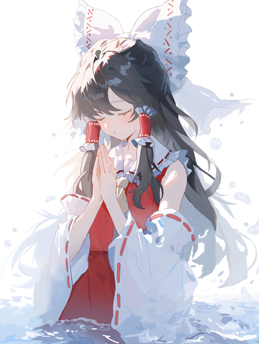 1girl absurdres bare_shoulders black_hair bow closed_eyes commentary_request detached_sleeves expressionless frilled_bow frilled_hair_tubes frills hair_bow hair_tubes hakurei_reimu highres long_hair own_hands_together praying red_skirt red_vest ribbon-trimmed_sleeves ribbon_trim simple_background skirt touhou upper_body uroam vest wading water white_background white_bow wide_sleeves