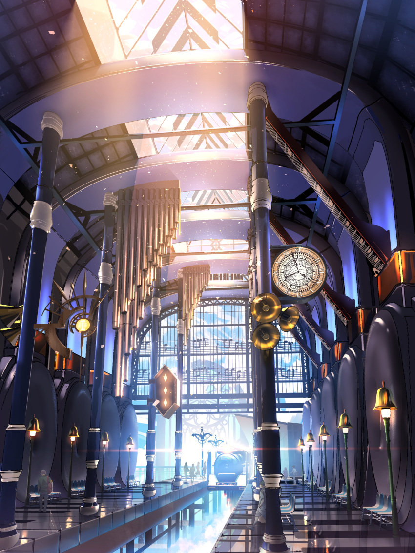 absurdres architecture blue_sky ceiling clock clouds commentary_request fantasy highres instrument interior lamppost light original pipe_organ recorder scenery sky smile_(qd4nsvik) train train_station train_station_platform vanishing_point
