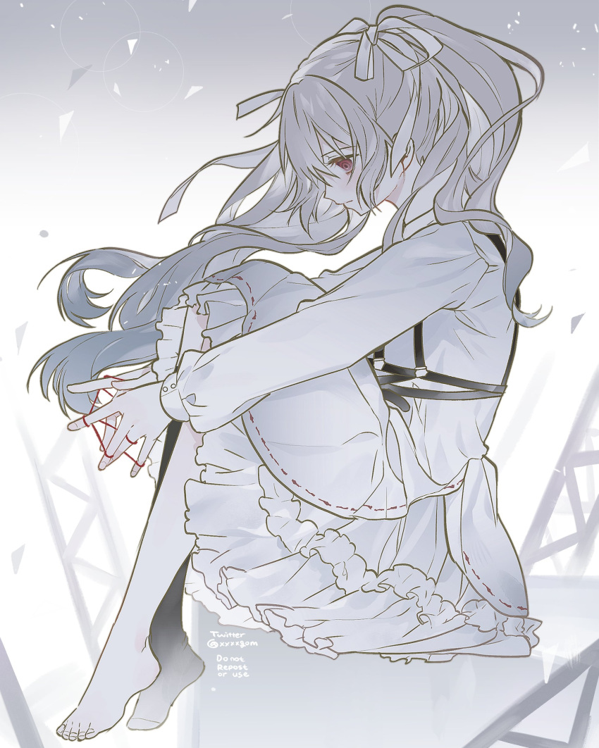 1girl 25-ji_miku absurdres bare_legs cat's_cradle chest_harness closed_mouth from_side hair_ribbon harness hatsune_miku highres long_hair long_sleeves pink_eyes project_sekai ribbon scaffolding sitting solo toenails twintails very_long_hair vocaloid white_hair white_ribbon white_theme xxxxgom