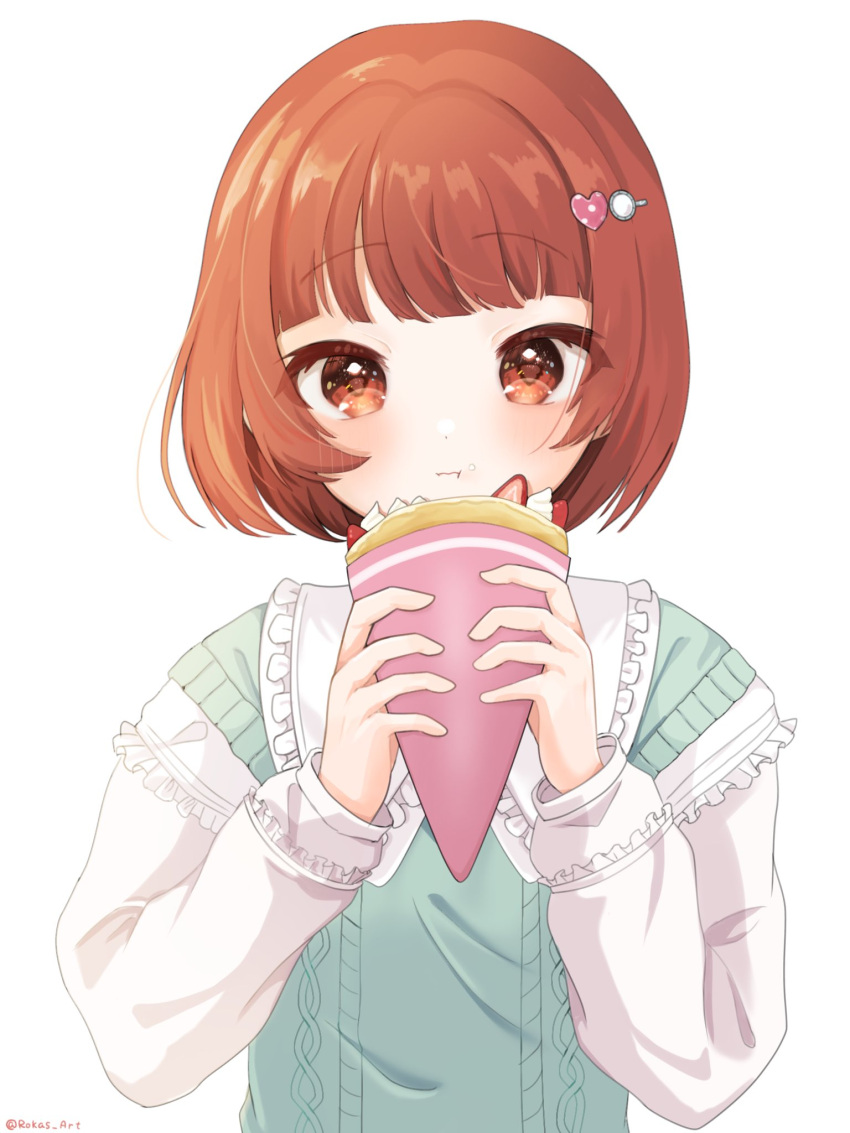 1girl blue_vest blunt_bangs blush crepe eating food frilled_shirt_collar frills highres holding holding_food idolmaster idolmaster_million_live! looking_at_viewer nonohara_akane official_alternate_hairstyle orange_hair rokas_art shirt short_hair simple_background solo upper_body vest white_background white_shirt