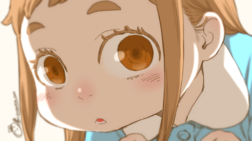 1girl artist_self-insert blurry blush brown_eyes close-up depth_of_field highres key_(kagibangou) light_brown_hair long_hair looking_at_viewer open_mouth original simple_background smock solo staring thick_eyebrows white_background
