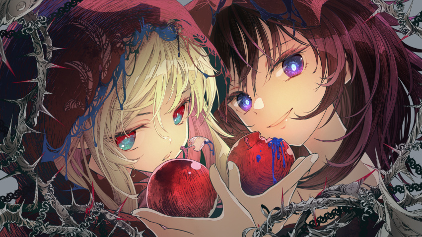 2girls apple blonde_hair britney_(dark_tales) brown_hair chain dark_tales fingernails food food_bite fruit highres holding holding_food holding_fruit hood hood_up long_hair looking_at_viewer multiple_girls parted_lips portrait red_apple red_eyes red_hood shirayuki_yuri smile sumi_keiichi thorns violet_eyes