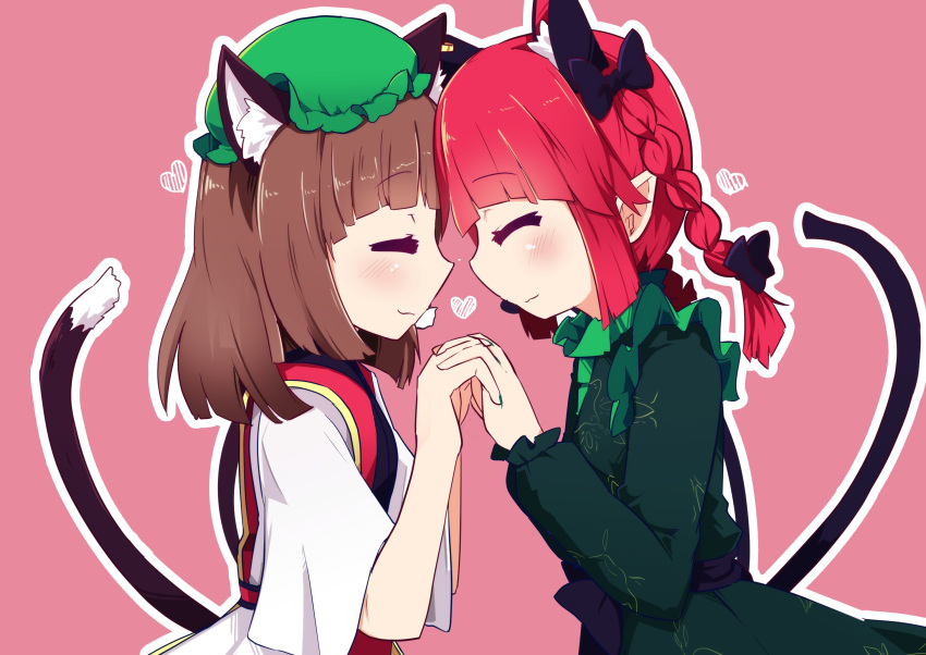 2girls animal_ears blunt_bangs braid brown_hair cat_ears cat_tail chen closed_eyes commentary_request extra_ears face-to-face foul_detective_satori from_side highres interlocked_fingers kaenbyou_rin kanisawa_yuuki light_smile long_hair multiple_girls multiple_tails nail_polish nekomata outline pink_background pointy_ears profile redhead simple_background tail touhou twin_braids two_tails white_outline