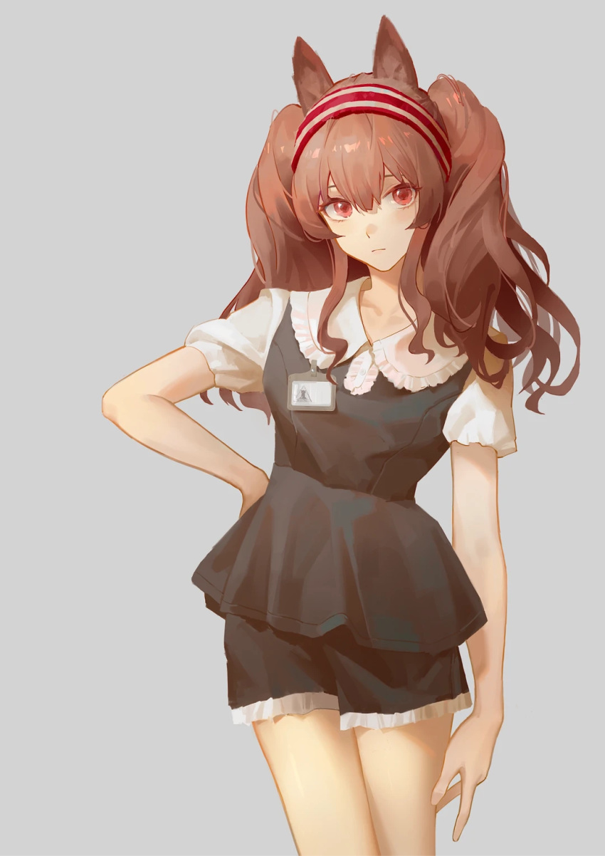 1girl alternate_costume angelina_(arknights) animal_ears arknights black_dress black_shorts closed_mouth commentary_request cowboy_shot dress fox_ears fox_girl grey_background hairband hand_on_own_hip highres hokago-tt id_card long_hair looking_at_viewer red_eyes red_hairband rhodes_island_logo shirt short_sleeves shorts simple_background solo striped striped_hairband twintails white_shirt