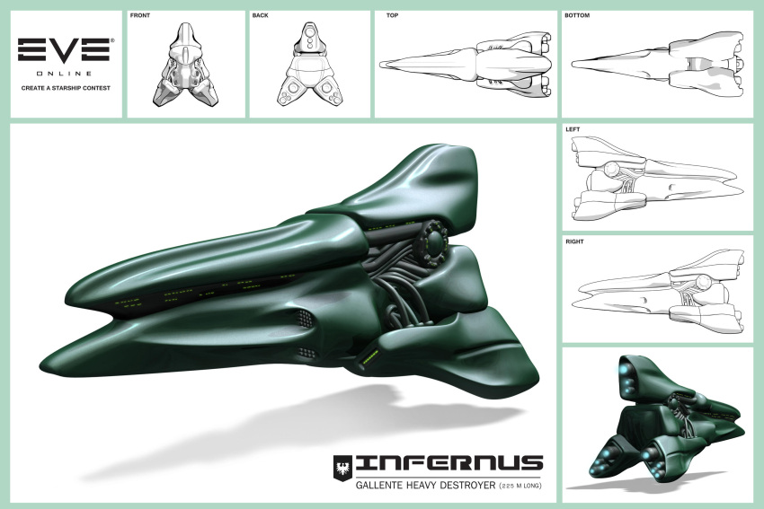 3d commentary concept_art copyright_name cosmos6173 destroyer_(eve_online) eve_online from_side gallente_federation_(eve_online) glint glowing highres logo military military_vehicle multiple_views no_humans original reference_sheet science_fiction shadow spacecraft thrusters vehicle_focus