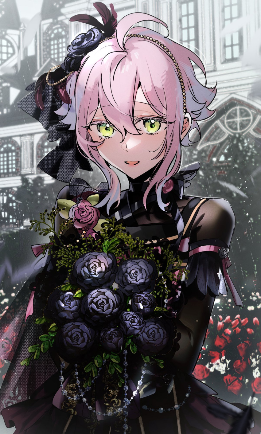 1boy ahoge black_feathers black_flower black_rose black_shirt bouquet eichi_turnr ensemble_stars! feather_hair_ornament feathers flower green_eyes hair_flower hair_ornament headband highres himemiya_tori holding holding_bouquet idol_clothes long_sleeves male_focus open_mouth pink_hair red_flower red_rose rose shirt short_hair smile solo
