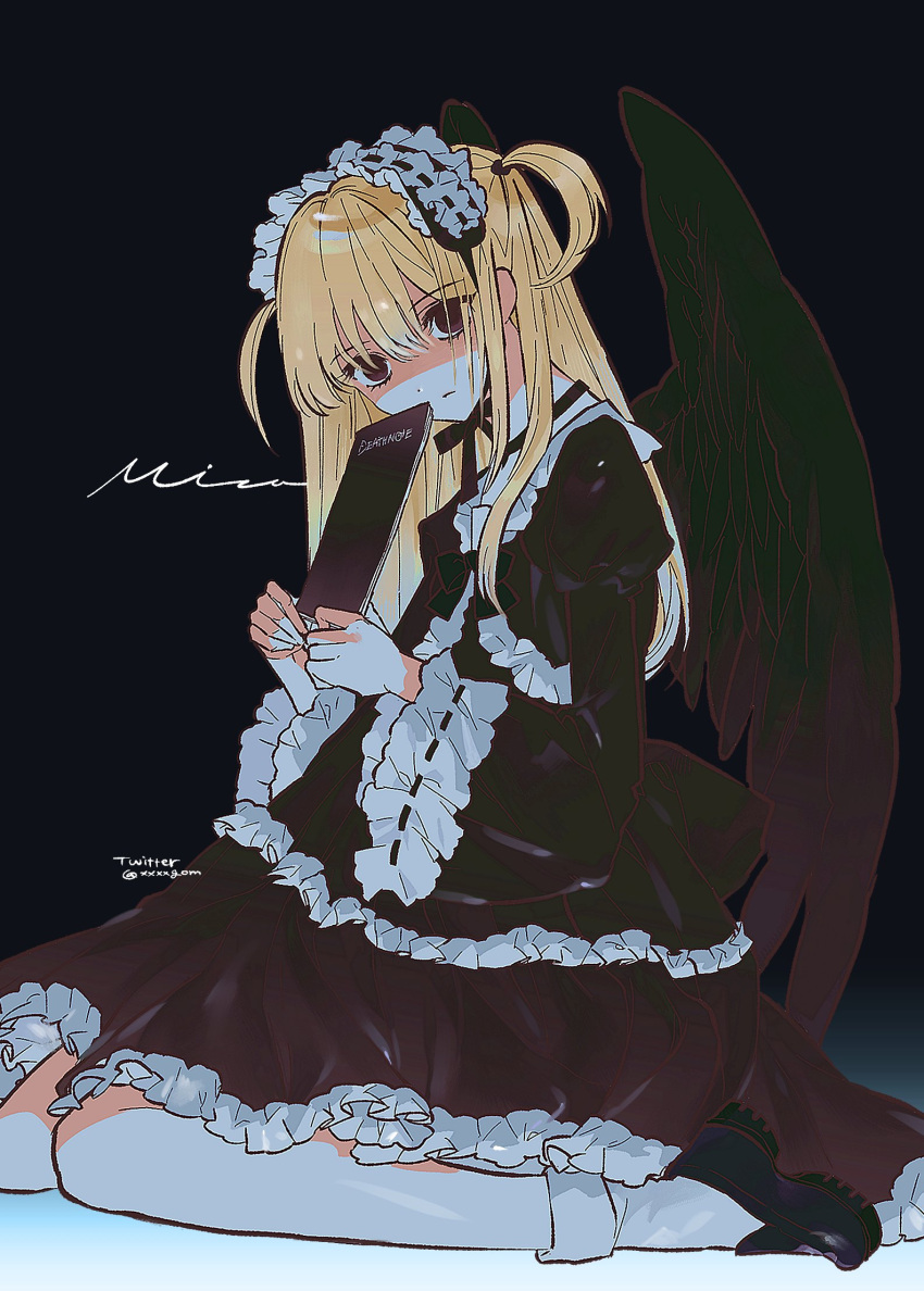 1girl amane_misa black_background black_dress black_eyes black_footwear black_hair black_wings blonde_hair book chin_strap death_note death_note_(object) dress feathered_wings frilled_sleeves frills gothic_lolita hairband highres holding holding_book juliet_sleeves lolita_fashion lolita_hairband long_hair long_sleeves puffy_sleeves ribbon-trimmed_sleeves ribbon_trim shoes sitting socks solo two_side_up very_long_hair wariza white_socks wide_sleeves wings xxxxgom