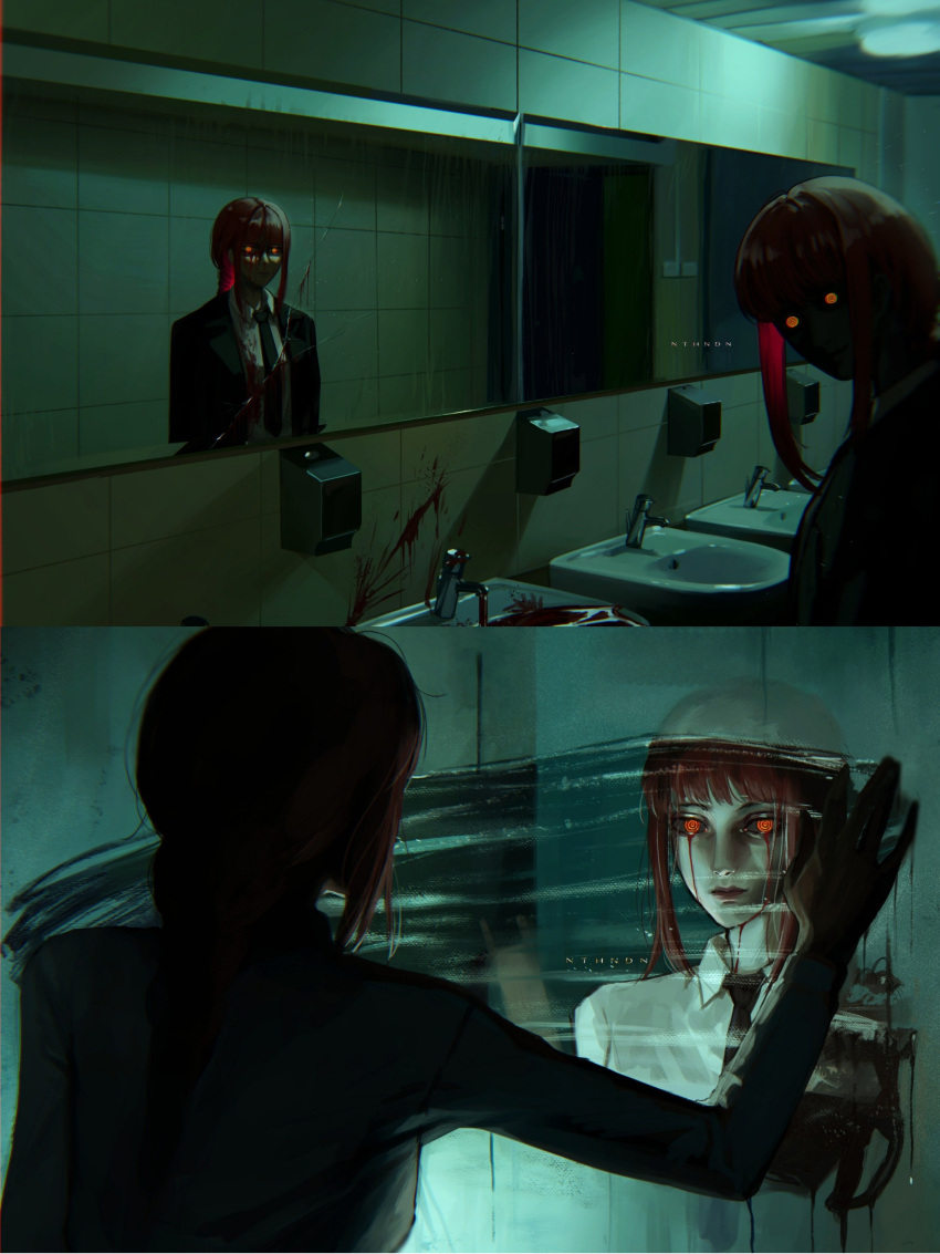 1girl absurdres black_necktie blood blood_from_eyes braid braided_ponytail business_suit chainsaw_man collared_shirt formal highres horror_(theme) makima_(chainsaw_man) necktie nthndn parted_lips redhead reflection restroom ringed_eyes shirt sidelocks sink solo suit white_shirt wiping yellow_eyes