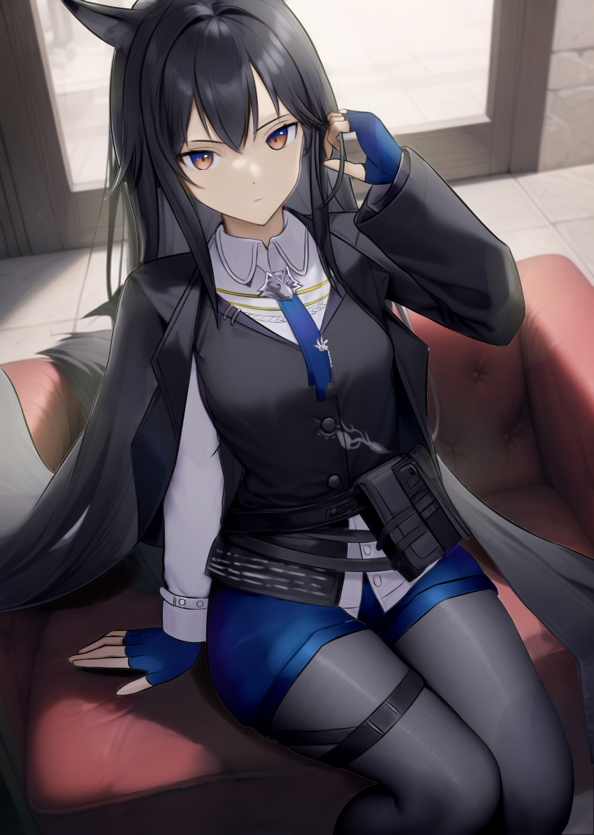 1girl absurdres animal_ears arknights belt_pouch black_hair black_jacket black_pantyhose black_vest blue_eyes blue_gloves blue_necktie blue_shorts breasts closed_mouth collared_shirt commentary couch expressionless feet_out_of_frame fingerless_gloves gloves hand_in_own_hair highres jacket jacket_on_shoulders long_hair looking_at_viewer medium_breasts multicolored_eyes necktie official_alternate_costume orange_eyes pantyhose pantyhose_under_shorts pouch shirt shorts sitting solo tail tenjinmeshi texas_(arknights) texas_the_omertosa_(arknights) thigh_strap tile_floor tiles vest white_shirt wing_collar wolf_ears wolf_girl wolf_tail