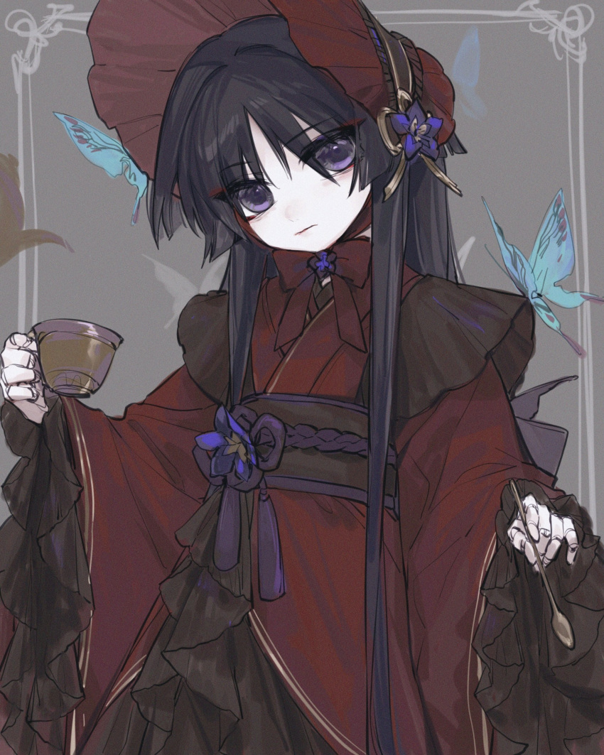 1boy absurdres alternate_hair_length alternate_hairstyle androgynous black_hair black_kimono blue_butterfly bug butterfly closed_mouth crossdressing cup doll_joints flower genshin_impact grey_background hairband highres holding holding_cup holding_spoon japanese_clothes joints kimono lolita_fashion lolita_hairband long_hair male_focus multicolored_clothes multicolored_kimono purple_flower red_eyeliner red_kimono scaramouche_(genshin_impact) solo spoon teacup vastbesloten violet_eyes