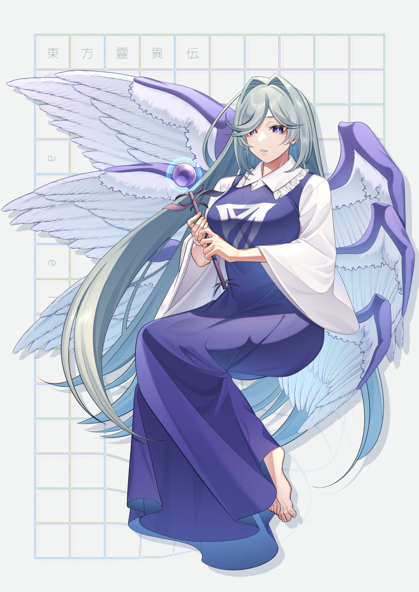 1girl absurdres angel_wings barefoot blue_dress blue_eyes dress full_body grey_hair guumin highly_responsive_to_prayers highres holding holding_wand long_hair long_sleeves open_mouth sariel_(touhou) solo touhou touhou_(pc-98) wand white_wings wide_sleeves wings